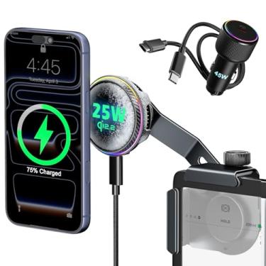 Imagem de CloudValley Suporte de telefone carregador sem fio Qi2.2 25W para Tesla modelo Y/3, suporte magnético ajustável para carro com ventilador de resfriamento e adaptador de 45 W, suporte de metal