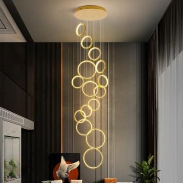 Imagem de Luminária pendente moderna de LED em formato de anel para escada, com controle remoto, em alumínio, com altura ajustável, ideal para sala de estar, quarto, sala de jantar e cozinha (dourada,