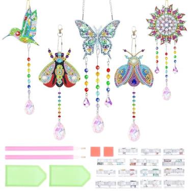 Imagem de 5 peças de apanhadores de sol de pintura de diamante, kit de artesanato de sinos de vento, enfeites de pintura de diamante para pendurar na janela, kits de arte de diamante para adultos, enfeite de