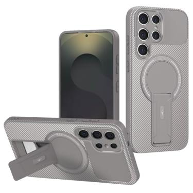 Imagem de LTLMYDAM Capa com suporte para Samsung Galaxy S26 Ultra/S26 Plus/S26, capa magnética de proteção para câmera, textura de fibra de carbono, capa fina, prata, S26