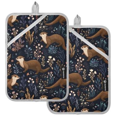 Imagem de Conjunto de 2 suportes de panela de bolso grande, folhas de vida selvagem, lontra, forro acolchoado resistente ao calor, almofadas quentes, luvas de forno, decoração para cozinha, bancada, casa