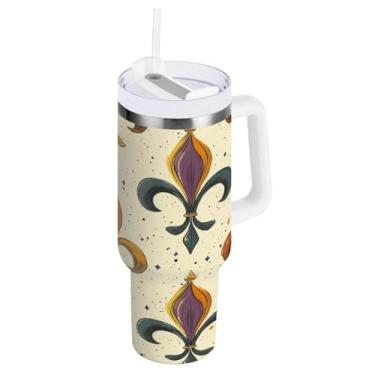 Imagem de Blueangle Copo isolado para Mardi Gras de 1,134 g com alça e tampa de palha, caneca de viagem reutilizável de aço inoxidável (119)