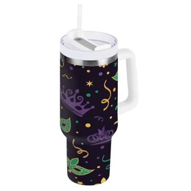 Imagem de Blueangle Copo isolado de máscara de carnaval de 850 g com alça e tampa de palha, caneca de viagem reutilizável de aço inoxidável (915)