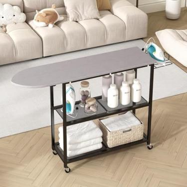 Imagem de Tábua de Passar Roupa Dobrável com Duas Prateleiras, Tábua de Passar Roupa Reforçada com Rodas, Móvel e Prática para Quarto, Sala de Estar e Varanda