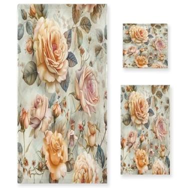 Imagem de xigua Conjunto de toalhas de banheiro vintage aquarela rosas absorventes macias 3 peças toalha de banho toalha de mão toalhas decorativas para banheiro, academia, hotel, praia, piscina