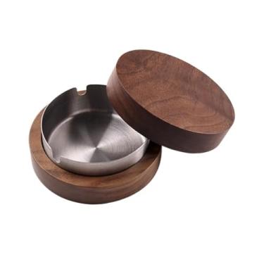 Imagem de x3anggyt5 Cinzeiros para cigarros, cinzeiro de madeira de nogueira, destacável, aço inoxidável, redondo, portátil, cinzeiro para ambientes internos e externos, escritório, jardim, etc., bandeja de