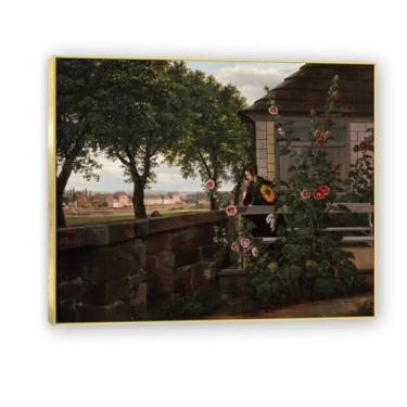 Imagem de NHLDZYH Moldura dourada. Pintura a óleo de paisagem romântica norueguesa famosa, J.C. Dahl, cópia de pintura a óleo clássica emoldurada para sala de estar ou escritório. (no jardim dela). 50 x 60 cm.