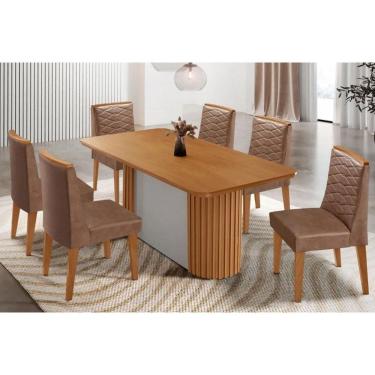Imagem de Conjunto Sala de Jantar Pilar c/ Tampo Madeirado Canto Curvo 180x90cm e 6 Cadeiras Maldivas Madeira Maciça Naturale - Capuccino/Corano Capuccino-Rufat