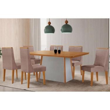 Imagem de Conjunto Sala de Jantar Tilia c/ Tampo Madeirado Canto Curvo 180x90cm e 6 Cadeiras Dakota Madeira Maciça Naturale/Off White - Capuccino/Linho Capuccin
