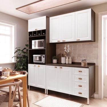 Imagem de Armário De Cozinha Compacta 3 Peças Com Tampo Safira Luciane Móveis Nogueira Dourado Com Branco Pet
