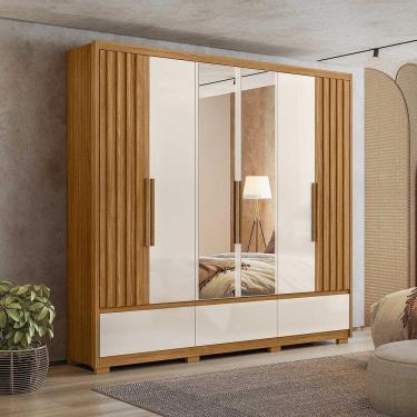 Imagem de Guarda Roupa Casal Grande com Ripado e Espelho 240x230cm Amazonas Moval Freijó Off White