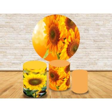 Imagem de Kit Trio Capa Cilíndrica + Painel de Tecido Redondo Flores Girassol - 