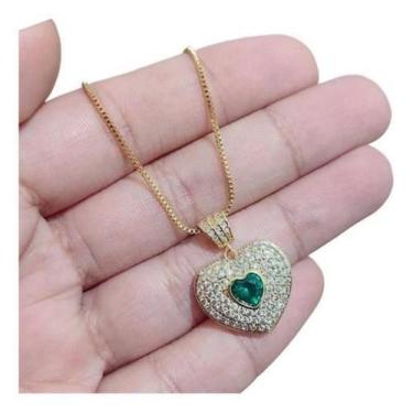 Imagem de Colar Corrente Pedra Zirconia Coração Semijoia Verde F. Ouro - De Cast