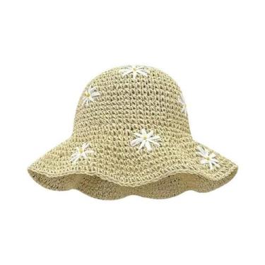 Imagem de Chapéu De Palha Dobrável Feminino De Verão Com Flores Bordadas E Prote