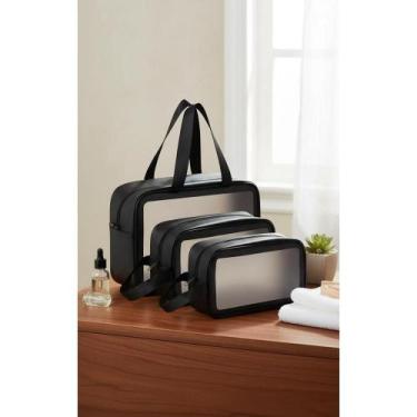 Imagem de 2x Necessaire Preta Grande PVC Impermeável Viagem Maquiagem - Congratu
