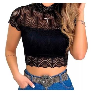Imagem de Cropped Top Blusa Feminina Renda Manga Curta Gola Alta - Lis modas 