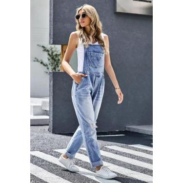 Imagem de Macacão Feminino Slim Fit Lavado Com Alças E Rasgos Para O Verão 2024 