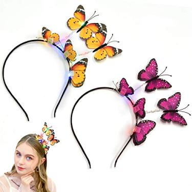 Imagem de Argola de cabelo feminina, JUSTDOLIFE 2 peças de argola para cabelo decoração criativa de borboleta 8 LEDs faixa de cabelo para festa faixa de cabeça