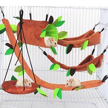 Imagem de Aulufft Redes de hamster, 5 peças de hamster dormindo ninho pendurado túnel e balanço para esquilo de açúcar brincando para dormir, brinquedos de planador açúcar, conjunto de selva camas quentes de pelúcia para animais
