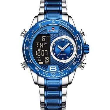 Imagem de Relógio masculino analógico digital de quartzo com visor duplo multifuncional, relógios de pulso de aço inoxidável (azul prateado), Prateado, azul
