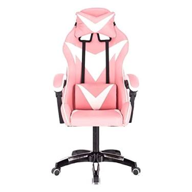 Imagem de cadeira de escritório Cadeira de PC Cadeira giratória Cadeira de videogame Cadeira de elevador giratória Cadeira de escritório de massagem Cadeira de corrida Cadeira de apoio lombar (cor: rosa branco)