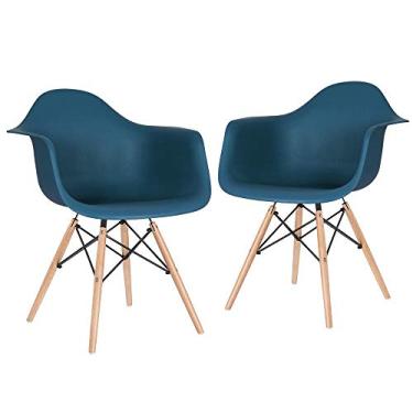 Imagem de Loft7 Home Decor, Kit 2x Cadeiras Eames Daw Madeira Clara, Com Apoios de Braço, Escritório, Sala de Estar e Sala de Jantar - Azul Petróleo