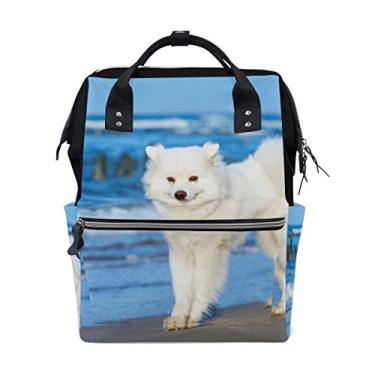 Imagem de ColourLife Mochila para fraldas para cães brancos Samoied Walks Near The Sea Casual Daypack multifuncional bolsa para fraldas
