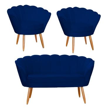 Imagem de Jogo Pétala Namoradeira e 2 Poltronas Estofada Para Recepção Suede Azul Marinho - LM DECOR