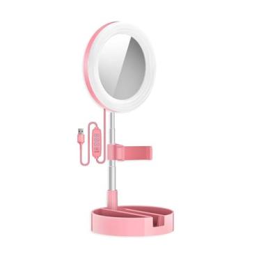 Imagem de Anel de luz dobrável para maquiagem de selfie com suporte de telefone de espelho para smartphone foto vídeo transmissão ao vivo luz de selfie (cor: A)