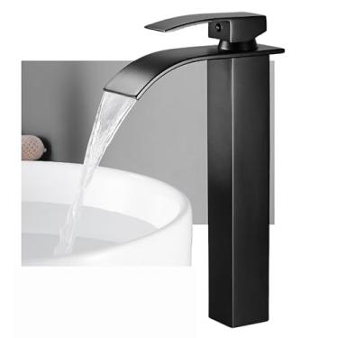 Imagem de Torneira Monocomando De Banheiro Cascata Quadrada Cuba Pia Lavabo Misturador Bica Alta Preto Fosco