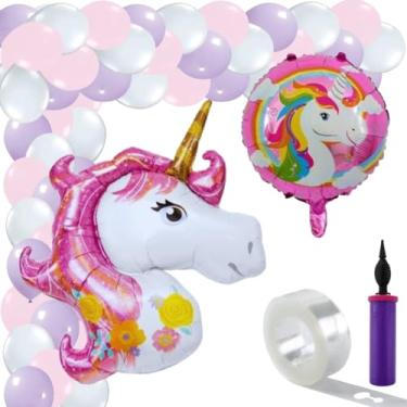 Imagem de Mega Kit 79pcs, Balão Temático Unicórnio + Balão Metalizado Unicórnio Redondo + 75 Balões Bexigas + Bomba Encher Balão + Tira Suporte Para Arco Desconstruído, Kit Festa Temática Unicórnio (Rosa)