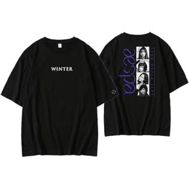 Imagem de TEWJHIL Camiseta Aespa Synk Hyper Line Merch NingNing Winter Karina Giselle Kpop Fans Support Tee Shirt, Inverno preto, GG