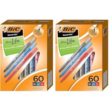 Imagem de BIC Canetas esferográficas redondas Stic Xtra Life sortidas de tinta, ponta média (1,0 mm), pacote com 60 unidades, barril redondo flexível para escrita confortável, canetas esferográficas número 1 em