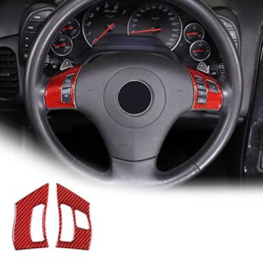 Imagem de Adesivo de botão de volante de carro de fibra de carbono macio capa interior botão decoração guarnição para Chevrolet Corvette C6 2005-2013 adesivo de proteção de painel de volante de carro (vermelho)
