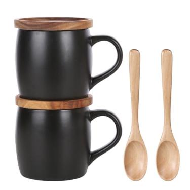 Imagem de KKC HOME ACCENTS Canecas de café de cerâmica com colher, xícaras de café de 368 g com tampa de madeira para americano, latte, cappuccino, conjunto de 2 peças, preto