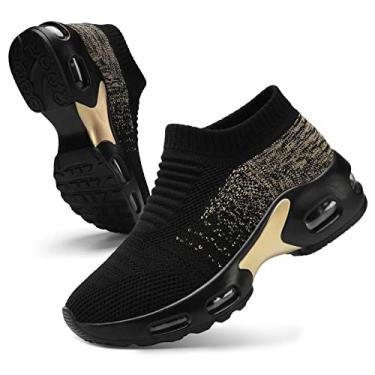 Imagem de Tênis de malha feminino – antiderrapante, sem cadarço, tênis de meia – leve, tênis de corrida com amortecimento de ar, tênis de trabalho, Preto, dourado, 40