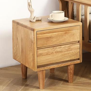 Imagem de Mesa de cabeceira de madeira de carvalho maciça, mesa de cabeceira com 2 gavetas, mesa de cabeceira luxuosa de meados do século, mesa de cabeceira moderna para sofá, mesa de cabeceira de madeira para