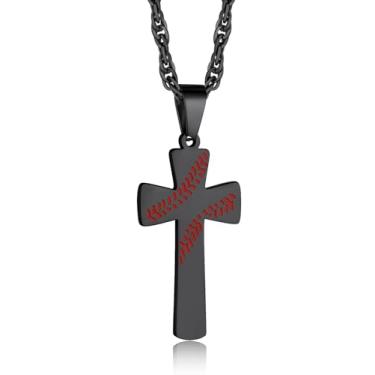 Imagem de GOLDCHIC JEWELRY Colar esportivo para homens e meninos, colares de cruz de beisebol de aço inoxidável unissex personalizado/futebol/basquete colar com corrente presente para fãs de esportes, Banhado a preto, Sem Pedra Preciosa