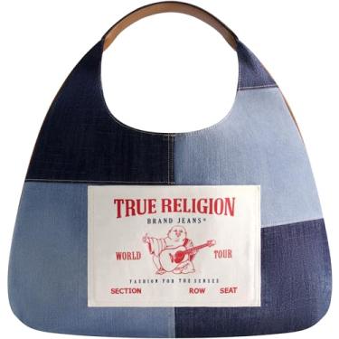 Imagem de True Religion Bolsa de ombro feminina, bolsa Hobo grande patchwork com logotipo de Buda, jeans, Jeans