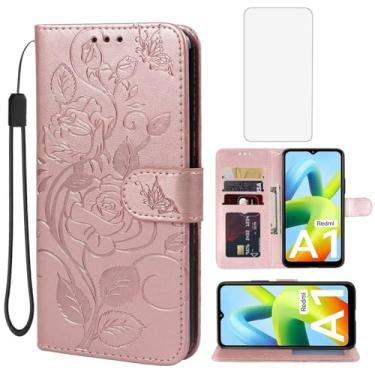 Imagem de Vavies Capa para Redmi A1 Plus, Capa carteira Redmi A1+/Redmi A2 Plus/Poco C51 com protetor de tela de vidro temperado, capa de couro floral com suporte para cartão de crédito para Redmi A1 + ouro