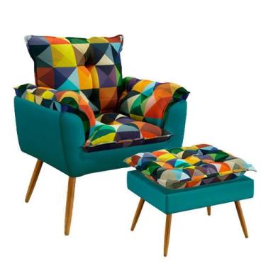 Imagem de Poltrona Beta com Puff Lunar Sued Estampado Colorido com Azul Turquesa