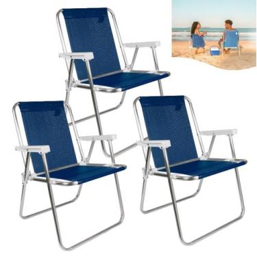 Imagem de Kit 3 Cadeira Alta Sannet Em Alumínio Para Praia Camping Piscina Azul 