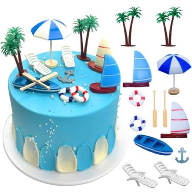 Imagem de LEBERY 13 peças de topos de bolo de praia, veleiro, cadeira de praia, barco, palmeira, guarda-chuva, decoração de bolo para piscina, verão, oceano, praia, aniversário, chá de bebê, artigos de festa de casamento