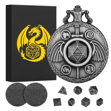 Imagem de Mini DND Dice Set with Steampunk Fighter Sword Pocket Watch Shell Case, Tiny 7pcs Polyhedral Metal D&D Dice, DND Gifts with Gift Box, Role Playing Board Games Accessories, Dark Silver