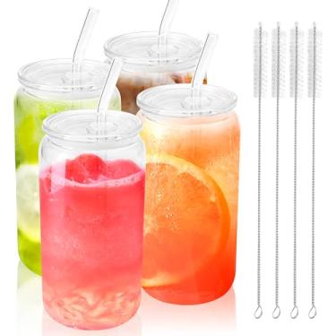 Imagem de Joyclub 4 peças de copos de vidro com tampas de acrílico e canudos de 473 ml, copos de café gelado em forma de lata com tampas e canudos, copos fofos para smoothie whisky boba refrigerante chá