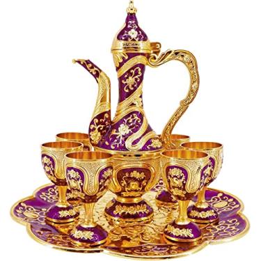 Imagem de Conjunto vintage turco de cafeteira e xícaras, conjunto de chá incluindo bule, bandeja de chá e copos de metal para decoração de armário de vinho, presentes de casamento (ouro e roxo)