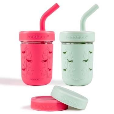 Imagem de Pandaloo® Copo infantil Mason Jar - Copo de vidro à prova de derramamento de 227 g com canudo e tampa de silicone, manga antiderrapante, copos de lanche infantis sem BPA - Copos de smoothie perfeitos
