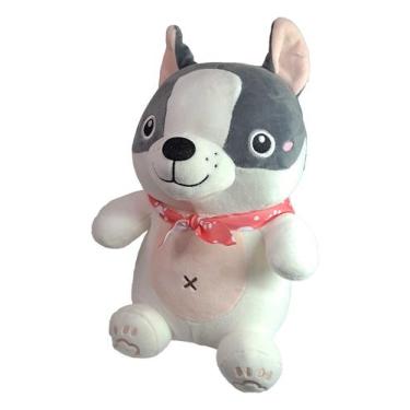 Imagem de Cachorro De Pelúcia Sentado Detalhes Bordado 29Cms - Branco E Cinza - 