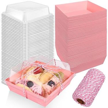 Imagem de STRAYJO 50 Pack Paper Charcuterie Boxes with Clear Lids,4.3" Pink Square Disposable Food Containers Bakery Boxes,Oil-Proof Kraft Paper Dessert Boxes,Disposable Sandwich Boxes for Bakery,Cake(Pink)