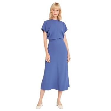 Imagem de Luxely Tecido de fibras recicladas | Corpete midi de manga curta com gola redonda | Vestidos femininos, Cinza, azul, 40